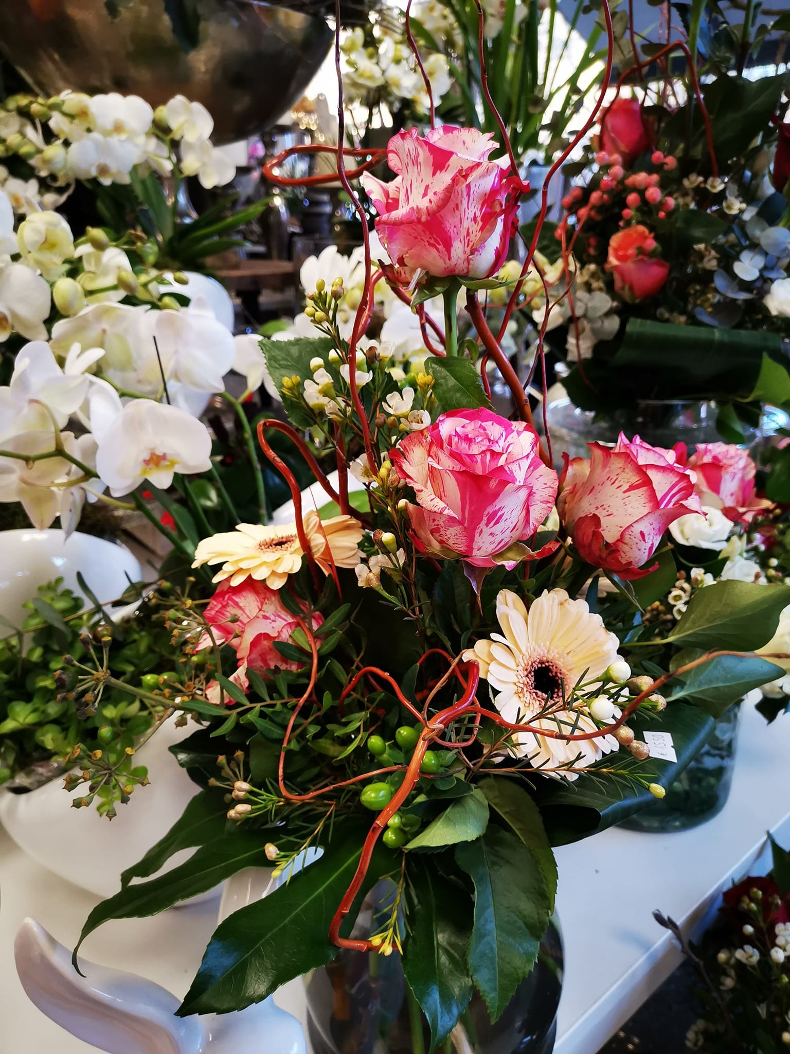 Moderner Blumenstrauß mit auffällig pink-weiß gestreiften Rosen, hellen Gerbera und dekorativen roten geschwungenen Zweigen.